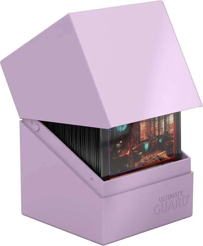 Purple card storage box with a clear lid showing card collection, brand 'Ultimate Guard' visible.