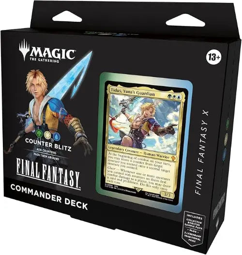 Packaged 'Magic: The Gathering' Final Fantasy Commander Deck with character illustration and card on black background