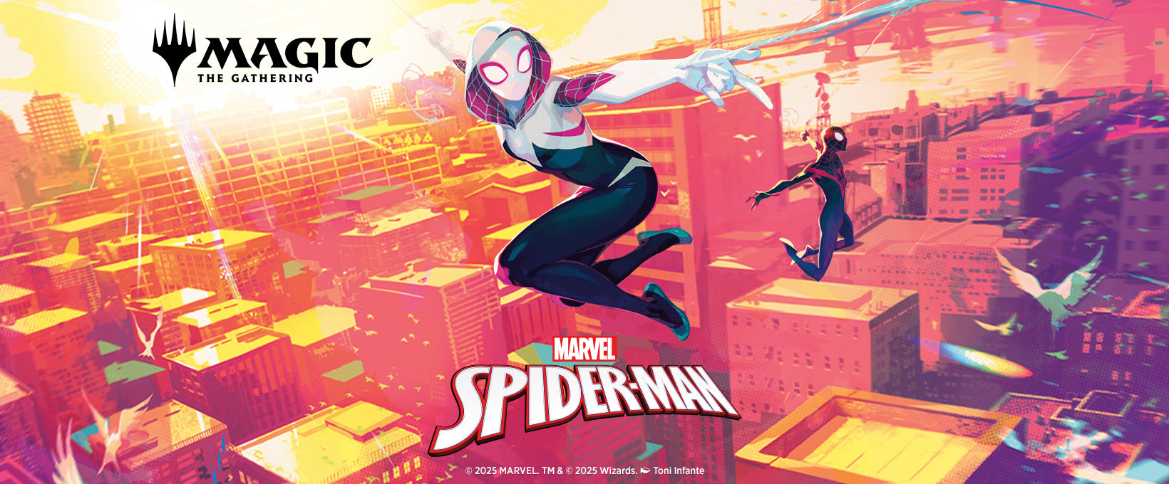 Two Spider-Man characters flying over a cityscape with 'Magic: The Gathering' and 'Marvel Spider-Man' logos.
