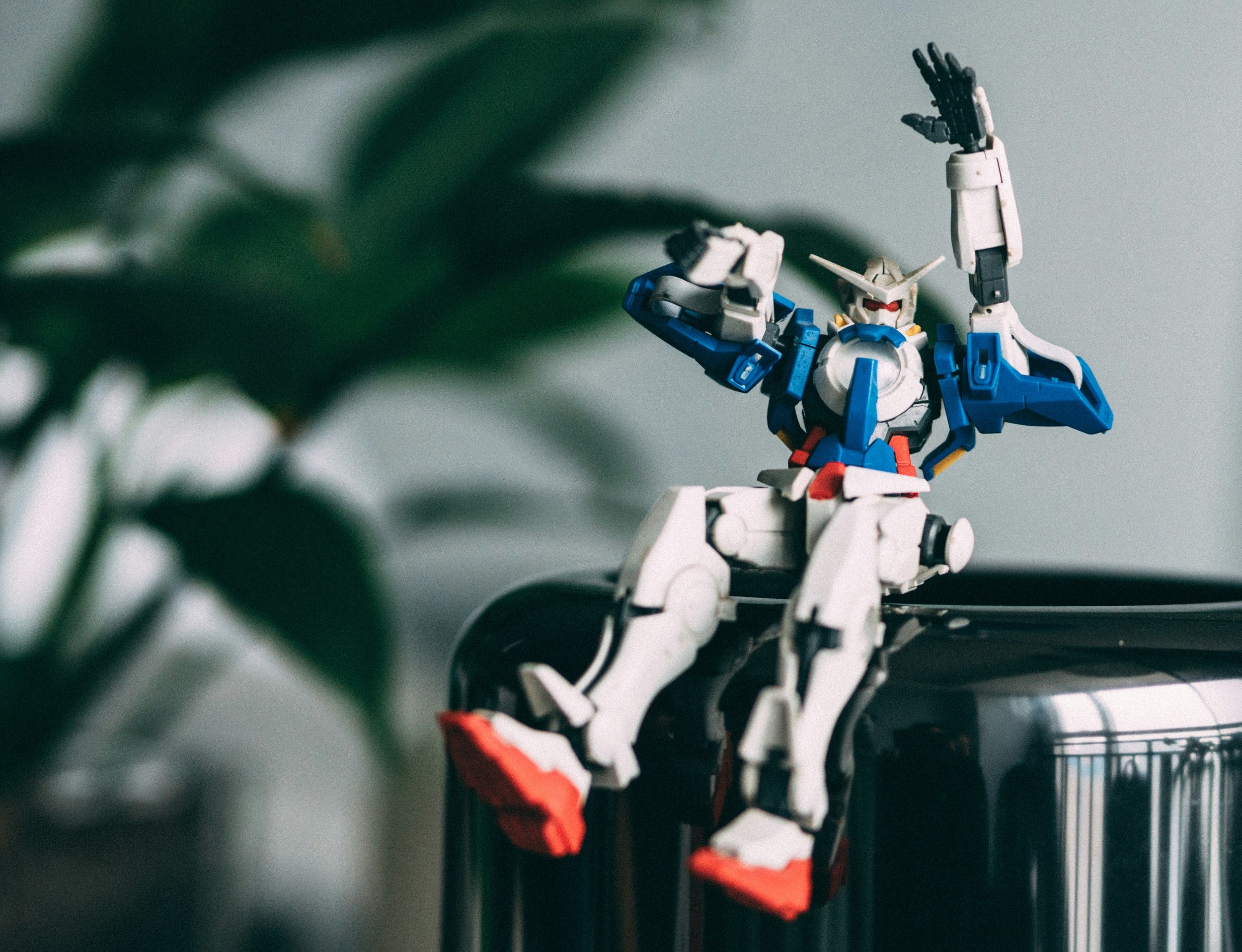 Robot toy on a black surface with a blurred green plant in the background